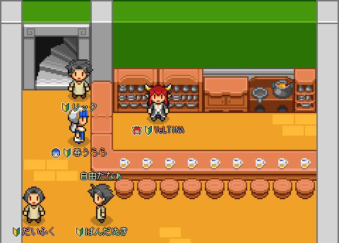 キャラクターたちが店内で交流する現在のゲーム画面