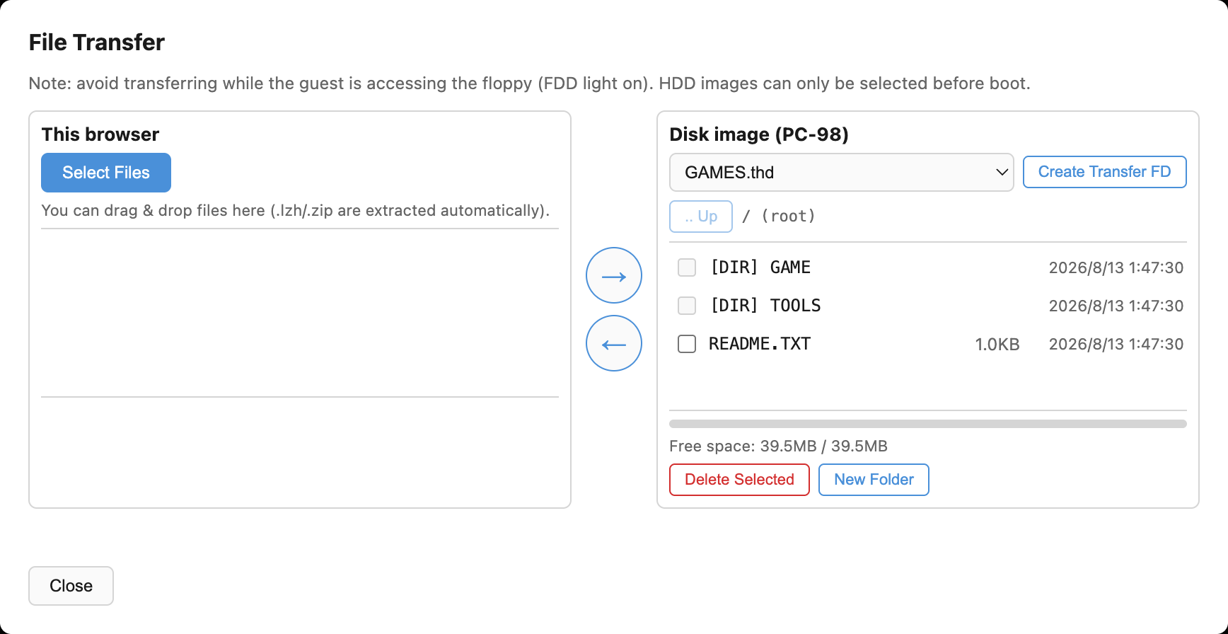 File transfer dialog with two panes (side by side or stacked) and transfer arrow buttons between browser and disk image