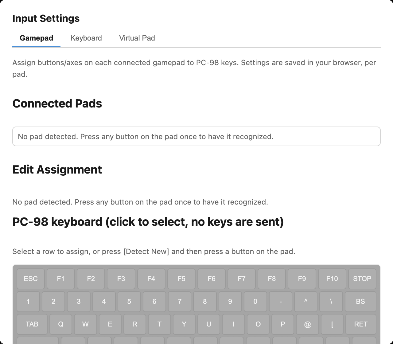 Input Settings dialog with Gamepad, Keyboard, and Virtual Pad tabs