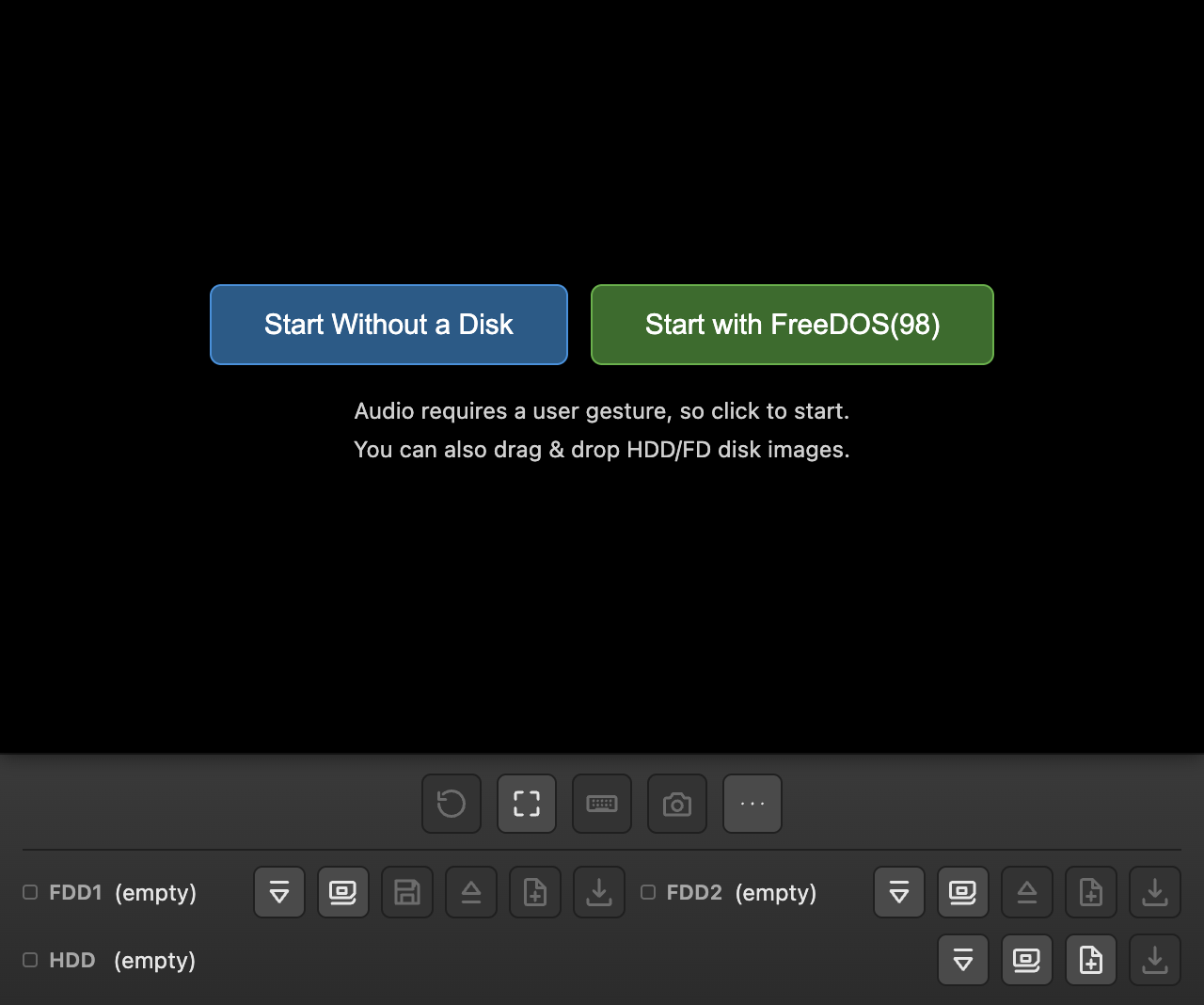 Start overlay showing Start As-Is / Start with FreeDOS(98) choices