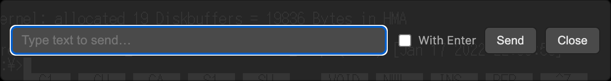 Text send bar with an input field, With Enter checkbox, and Send/Close buttons