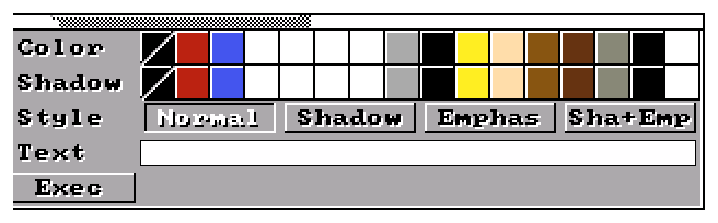 文字描画ウィンドウ。Color/Shadow/Style/Textの各行とExecボタン