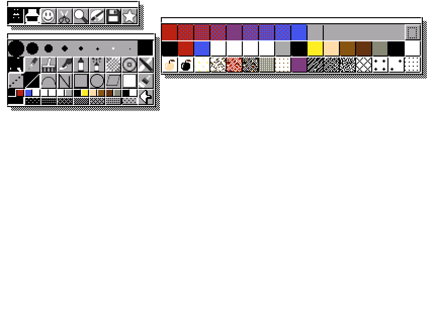 WebPaint98 の全体像。左上にアイコンバー、ペンウィンドウ、タイルウィンドウが開いている