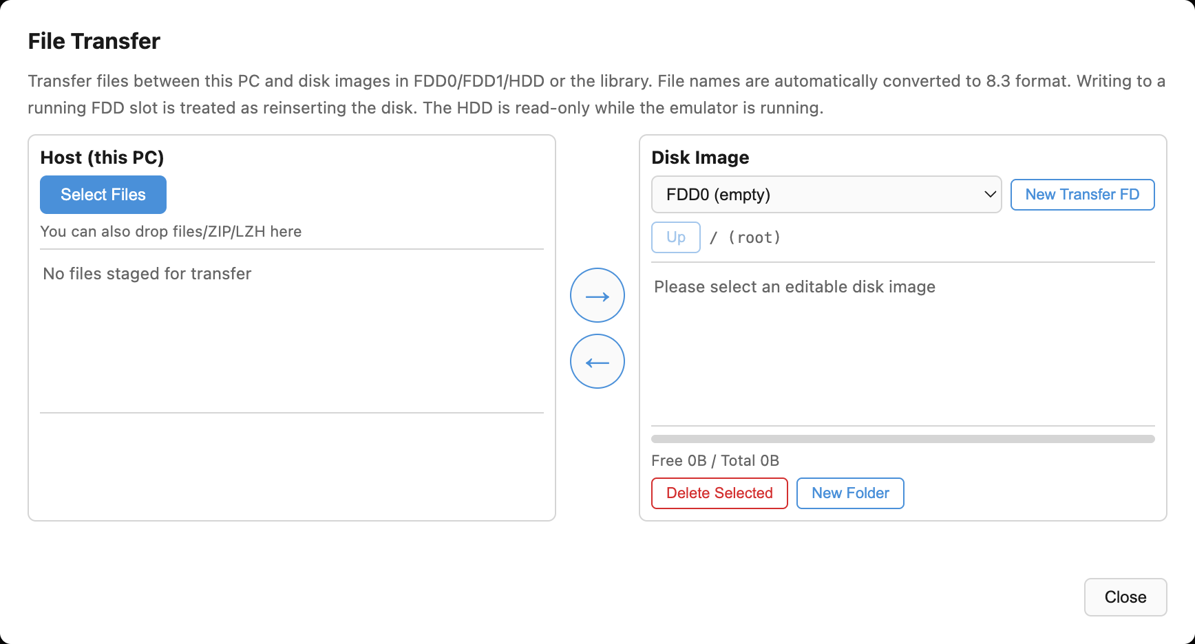 File transfer dialog with a host-side pane and a disk-image-side pane