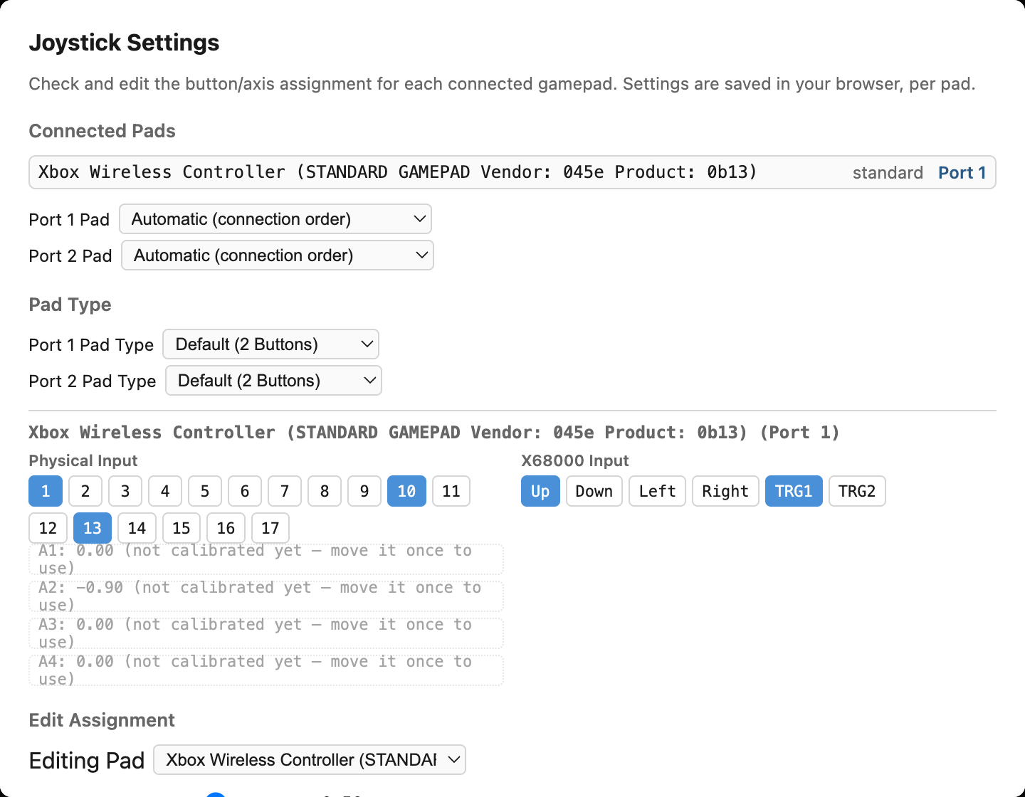 Joystick Settings dialog showing the connected-pad list, live display, and binding editor