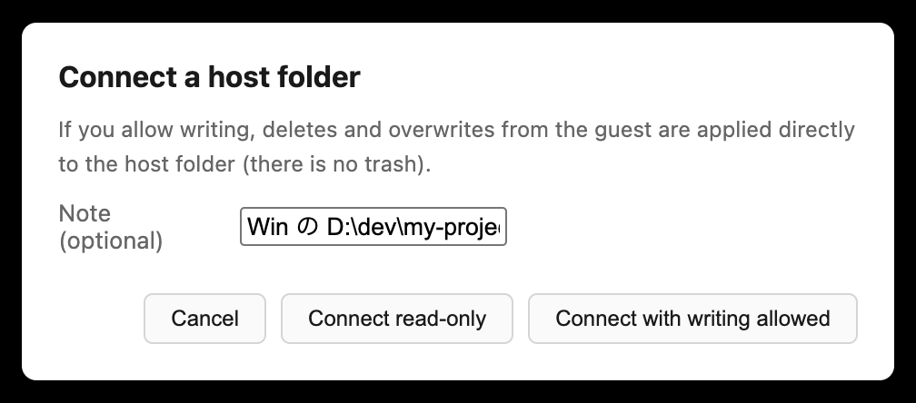 The 'Connect a folder' dialog: read-only / allow-writes choice buttons, with a note filled in