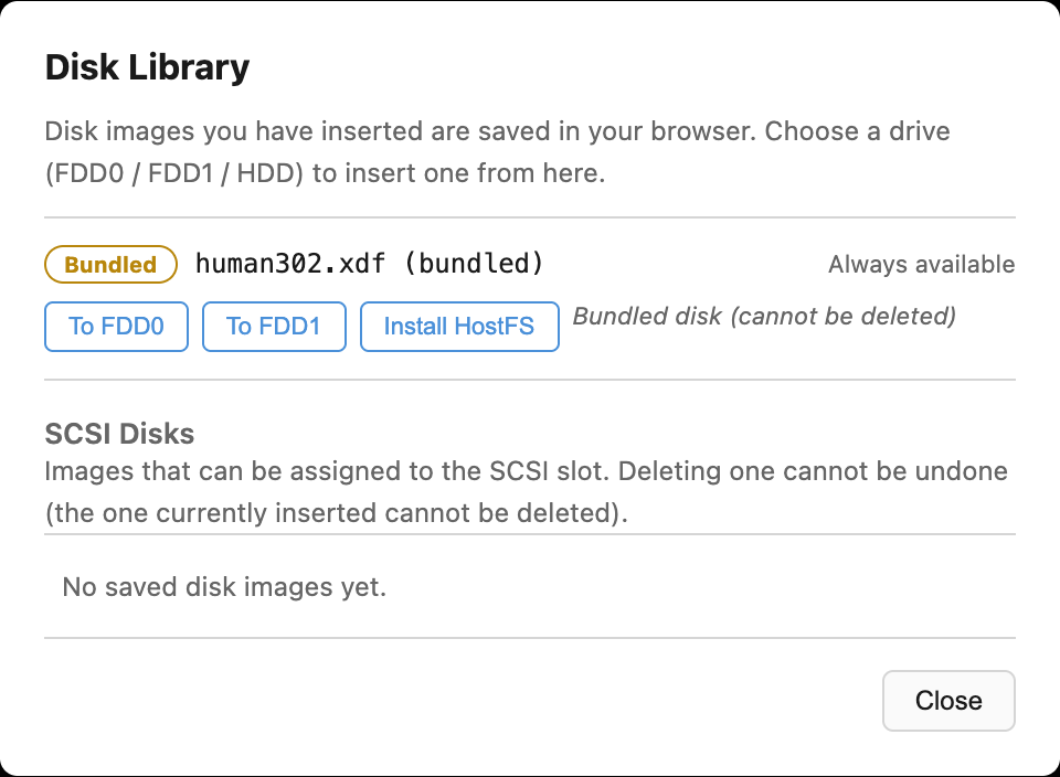 The 'Install HostFS' button on the bundled disk row in the disk library