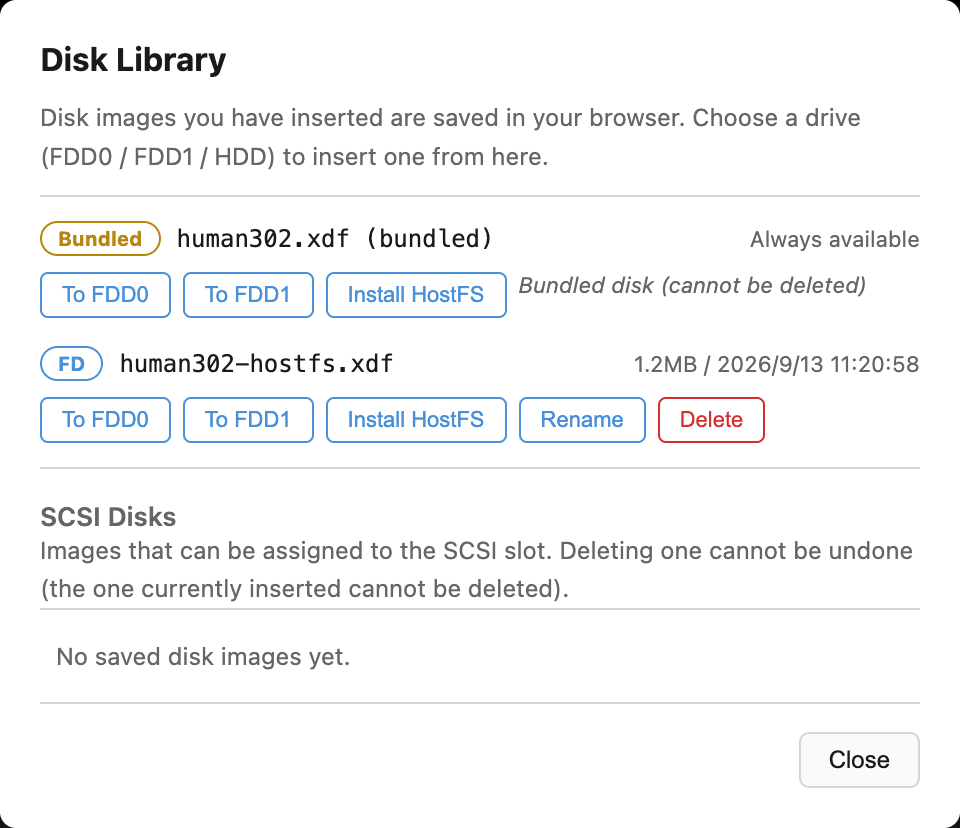 The 'To FDD0' button on the human302-hostfs.xdf row in the disk library