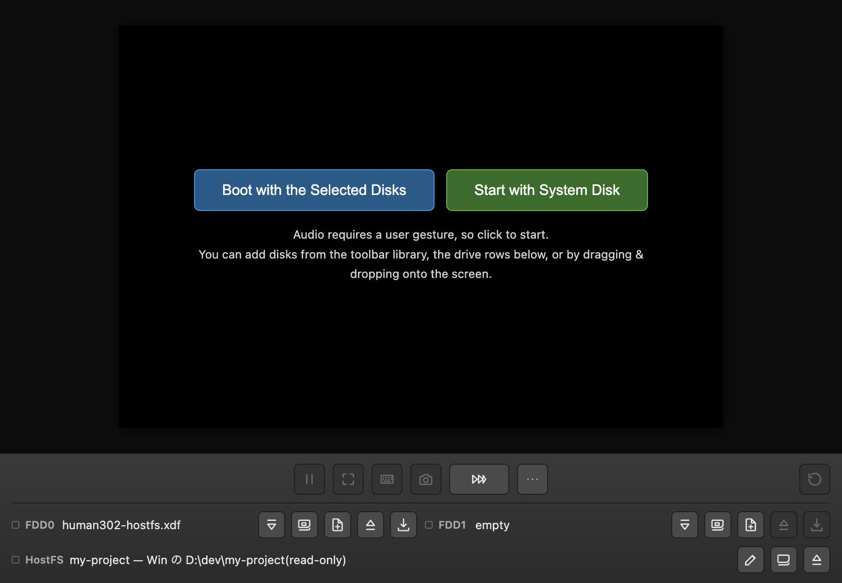The 'Boot with the Selected Disks' button on the start overlay, or the Reset button at the right end of the toolbar