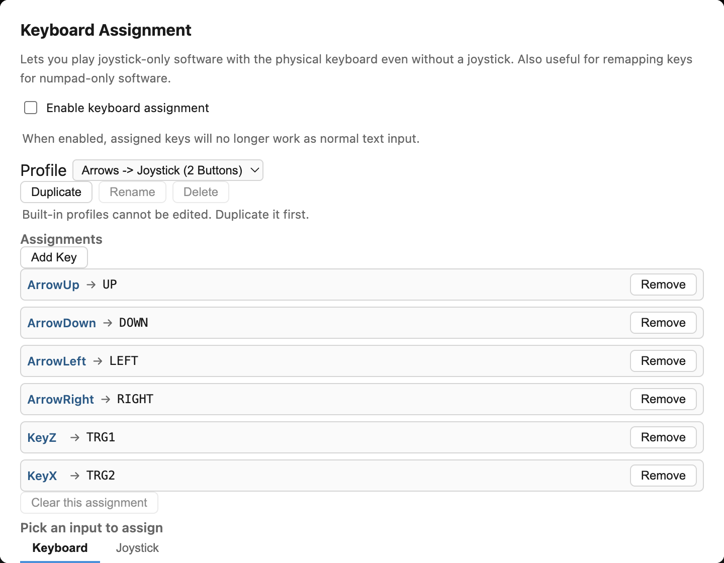 Keyboard Assignment dialog
