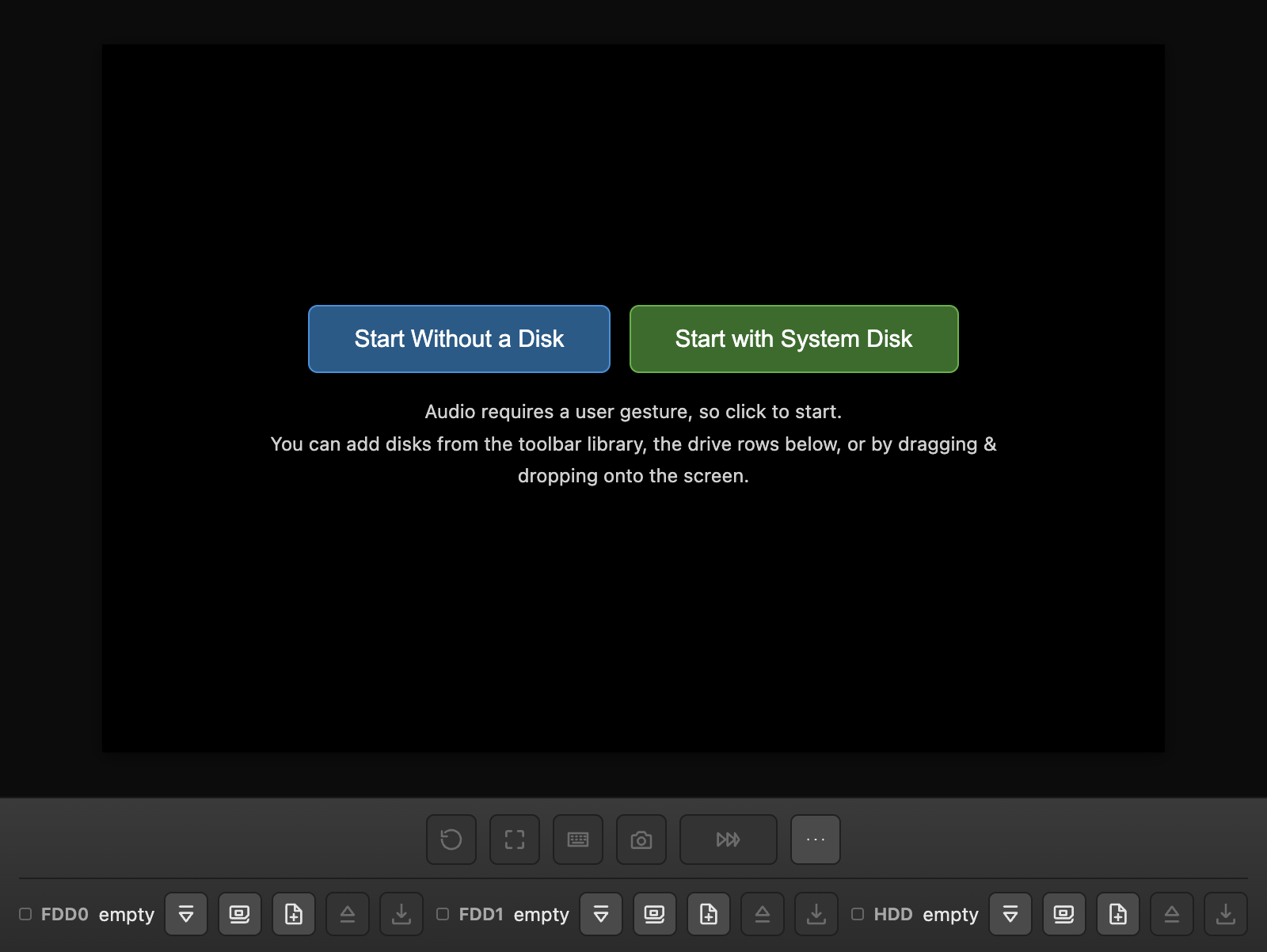 Start overlay showing Start Without a Disk / Start with System Disk choices