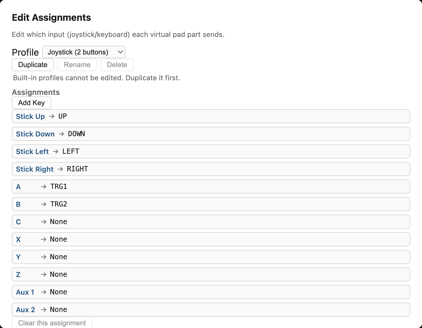 Virtual pad's edit-assignments dialog
